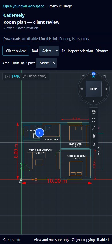 Real CadFreely phone viewer showing a sample floor plan, dimensions and a review pin